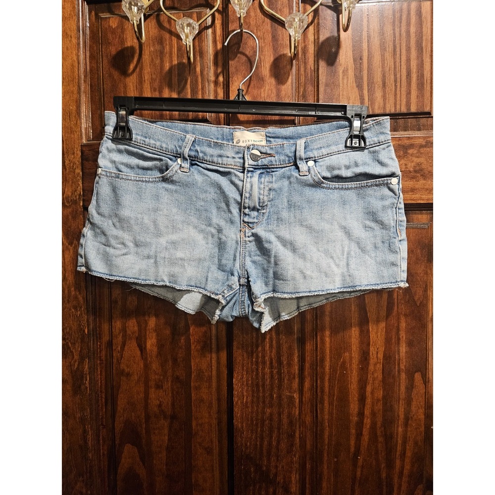 Roxy Denim Jean Low Rise Y2k Shorts Size 7 28 Frayed Distressed Raw Hem Blue